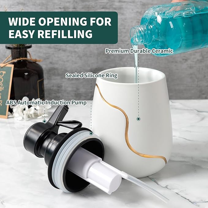 BosilunLife Automatic Soap Dispenser Bathroom - Liquid Hand Free Dispenser Battery Operated Smart Electric Lotion Soap Dispenser with Waterproof Pump Dish Soap Dispenser Ceramic White, 17oz