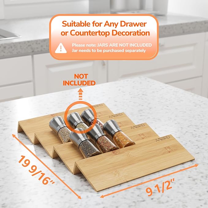 Bamboo Spice Drawer Organizer with Non-slip Mat