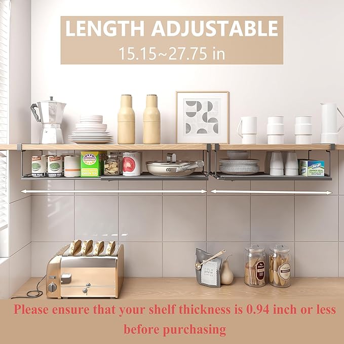 Expandable Under Cabinet Shelf, Extendable Under Shelf Storage with 0.94 Inches Thick Clips for Shoe Rack, Pantry Cabinet, Laundry Room. (Black, 1 Pack, Interior: 6" H x 8.26" D)