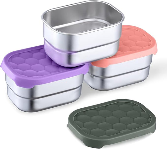 Homikit 3 Pack Snack Containers for Kids, 18/10 Stainless Steel Toddler Lunch Box with Silicone Lids