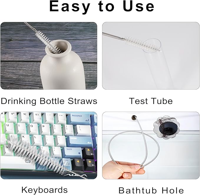 CiaraQ Bottle Cleaning Brushes, 8 Inch Nylon Tube Brush Set & A Flexible Long Drain Brush 60 inch, Cleaner for Narrow Neck Bottles Cups with Hook