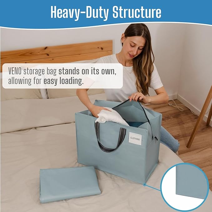 VENO 4 Pack Heavy Duty Moving Bags, Storage Bags, Packing Supplies, Top Zipper, Storage Totes for Camping, Clothes, Bedding, Comforters, Pillows (13 Gallon Light Blue, 4 Pack)