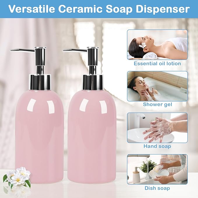 Natheeph 14OZ Ceramic Soap Dispenser Ceramic Soap Pump Dispenser Can Fill Liquid for Bathroom/Kitchen (2PC Pink)