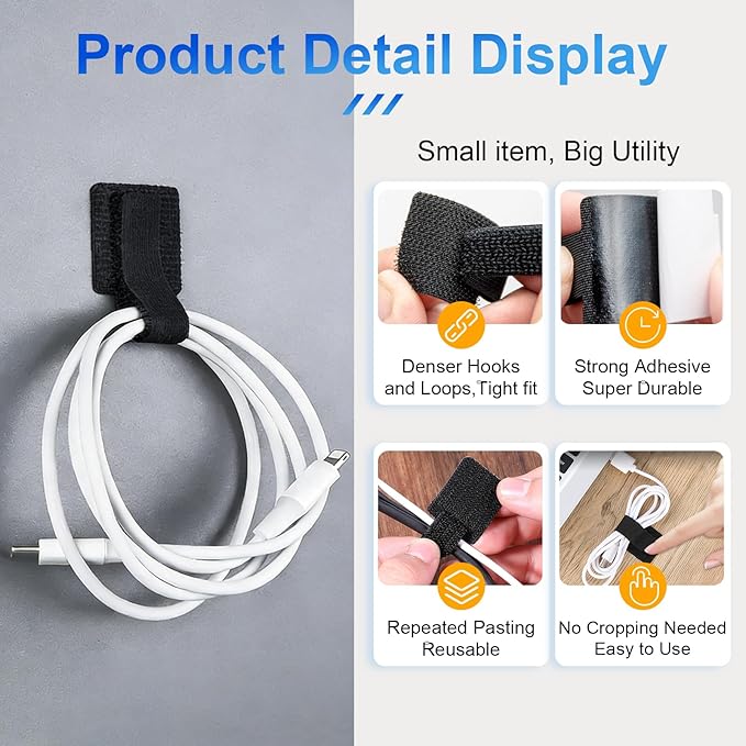 80Pcs Hook and Loop Cable Ties Under Desk Cable Management Adhesive Strips for Cord Hider Wire Organizer Computer Accessories for Desk Home Office Organization Essentials - Black