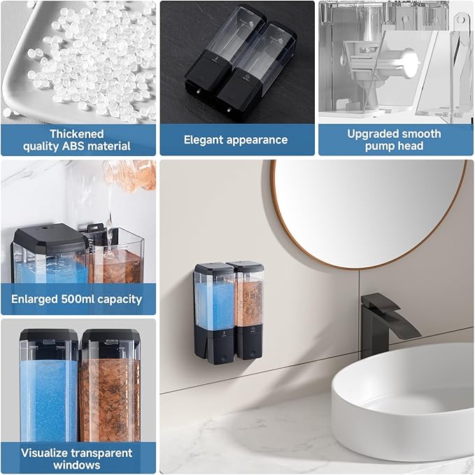 Shampoo and Conditioner Dispenser Wall Mounted, Shower Soap Dispenser No Drill Upadate Easy Slot Install, Shampoo Dispenser for Shower Bathroom Large Capacity 500ml * 2 Chamber Holder Black