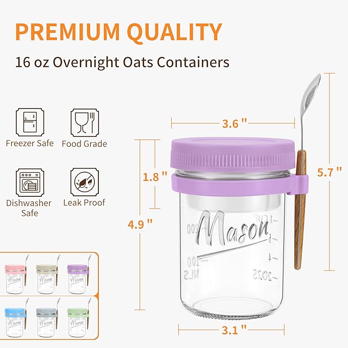 Xyptorix 6 Pack Overnight Oats Containers with Lids and Spoons, 16 oz Mason Jars with Removable Separate Compartments, Airtight and Leak-Proof Glass Jars for Chia Pudding, Yogurt, and Oatmeal
