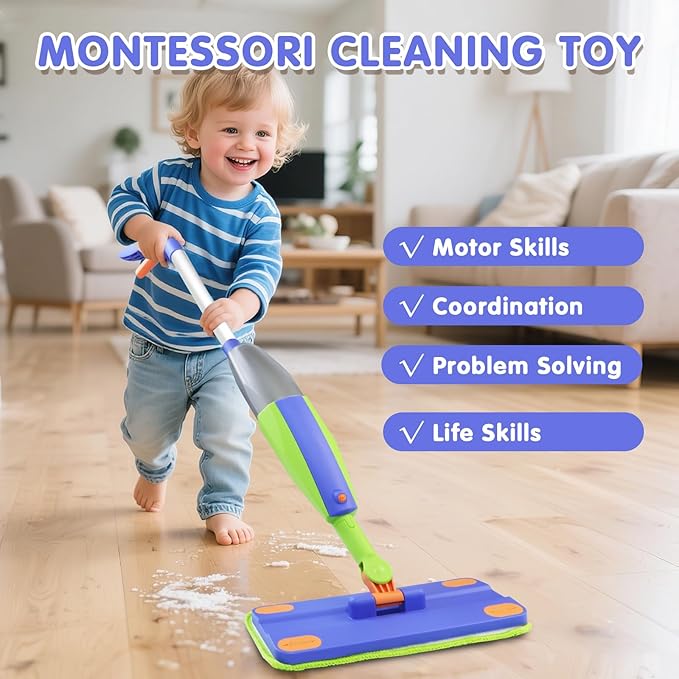 Kids Spray Mop that Really Works,Pretend Play Toddler Cleaning Set,Montessori Toys Cleaning Set for Ages 4-8, Water Sprayer & Scraper & 2 Washable Mop Pads, Housekeeping Toys Gifts for Kids Toddlers