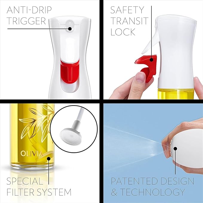 OLIVIA SIGNATURE Advanced Kitchen Oil Sprayer Technology, Fine Mist & Portion Control, Refillable Glass Olive Oil Cooking Spray Bottle for Air Fryer, Salad, BBQ, 130ml (Golden Leaves)