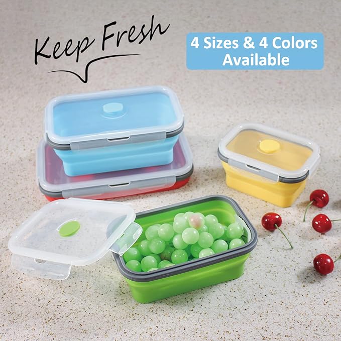 Collapsible Food Storage Containers with Airtight Lid, 4 Sizes, Annaklin Small and Large Stacking Silicone Collapsible Meal Prep Container Set for Leftover, Microwave Freezer Dishwasher Safe, Set of 4