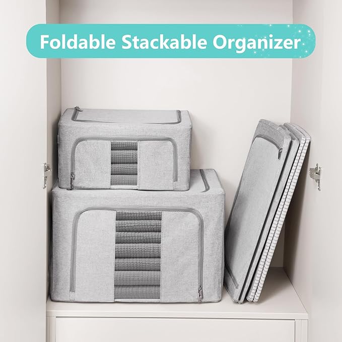 3 Pack Clothes Storage Bins, Foldable Metal Frame Storage Box with Lids,Stackable Linen Fabric Organizer Set with Carrying Handles,Zippers,and Clear Window (Grey, 24L)