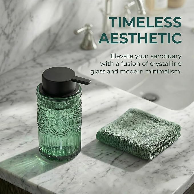 Green Glass Foaming Hand Soap Dispenser with Matte Black Pump Decorative Thick Embossed Bottle Refillable for Bathroom and Kitchen 12 fl oz