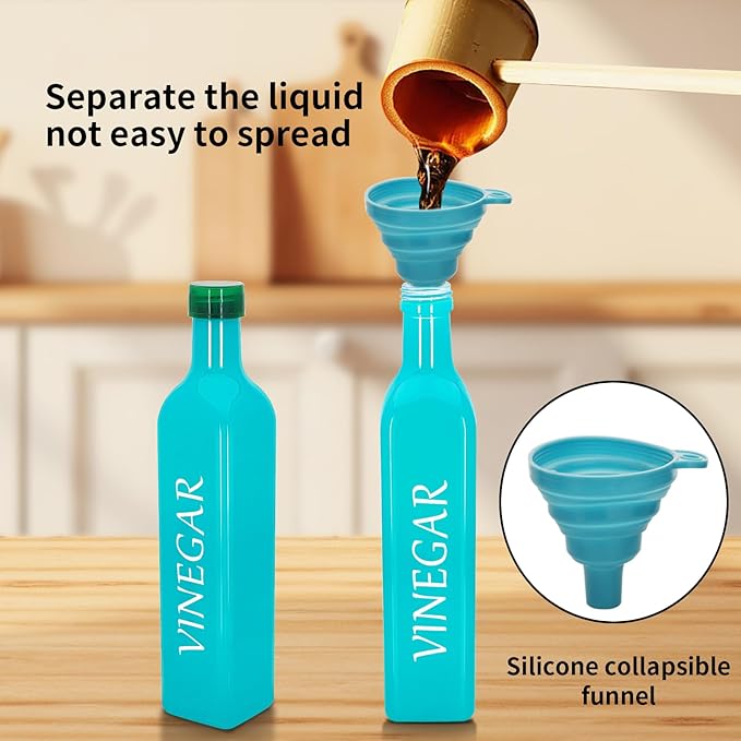 1 Pc 17oz Olive Dispenser Bottle,500ml Glass Oil and Vinegar Dispenser Set with 1 Stainless Steel Pourers,Funnel Bottles for Kitchen (Turquoise Vinegar)