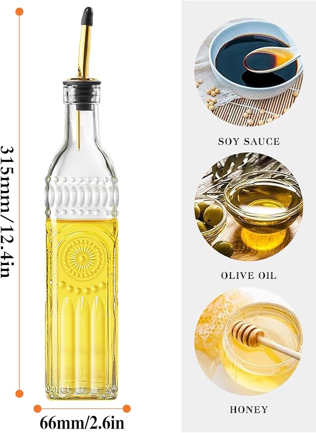 4 Pcs Olive Oil Dispenser Bottle for Kitchen, 17oz Clear Glass Oil and Vinegar Dispenser Bottle Set with 4 Stainless Steel Spouts and 1 Funnel (Square)