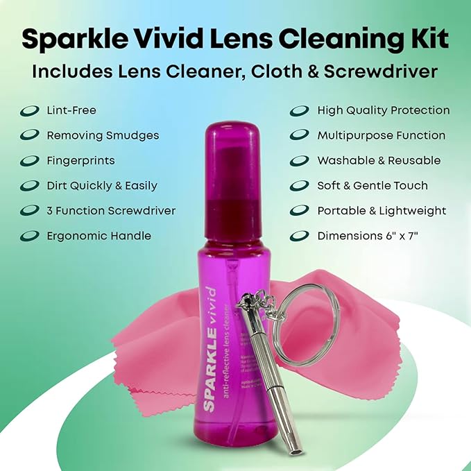 Sparkle Vivid Anti-Reflective Safe Lens Cleaner & Repair Kit – (2) 2oz Glasses Cleaner Spray, (2) Microfiber Cloth & Keychain Screwdriver for Eyeglasses, Sunglasses, Lenses & Screens (5 Piece Set)