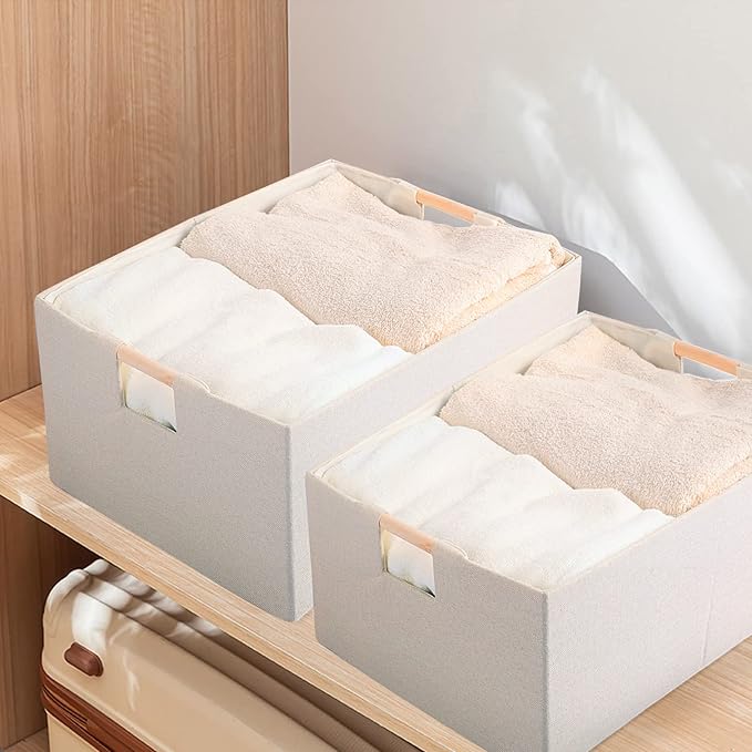 Fabric Storage Bin Box Foldable Cotton Linen Storage Basket with Wooden Handles Rectangular Cube Decorative Home Laundry Organizer Clothes Blanket Container - Beige, Large