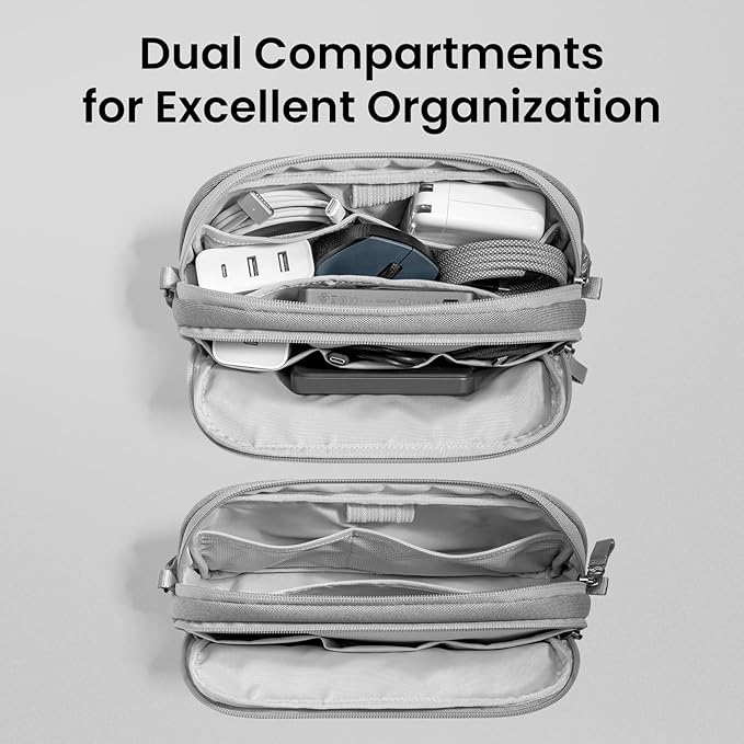 tomtoc Electronic Organizer Travel Case, Water Resistant Dual Compartment Tech Pouch Cable Organization Storage Bag for Charger, Cord, Phone, Hard Drive, Power Bank, Accessories Travel Essentials