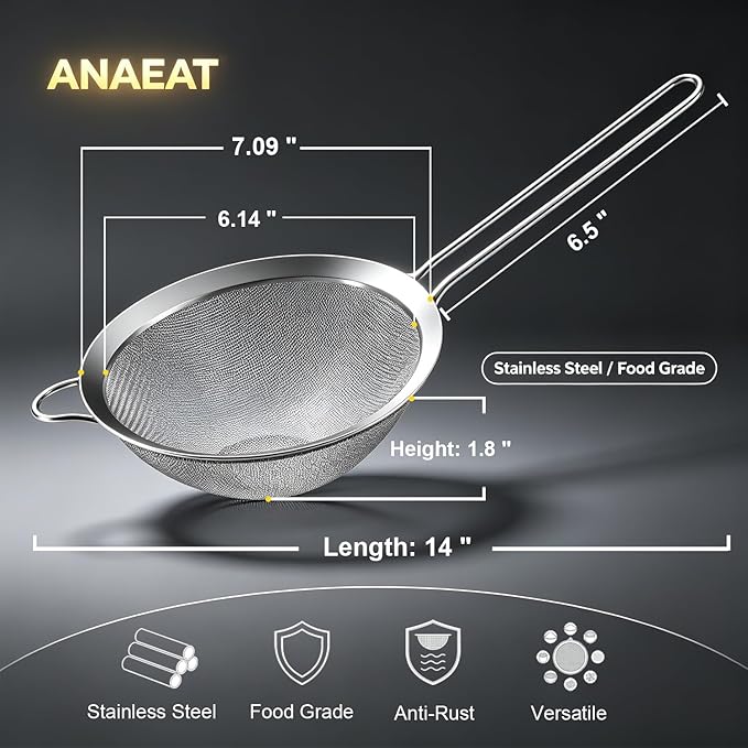 Anaeat Fine Mesh Strainers - Premium Stainless Steel Colander Sieve Sifters, with Durable Mesh and Sturdy Handle, Excellent for Sifting Dry ingredients, Flour, Pastas, Rice, Tea (7.09"）