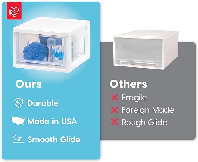 IRIS USA 6 Qt. Small Plastic Stacking Drawer, Stackable Storage Organizer Unit with Sliding Drawer for Bedroom Kitchen Under Sink Pantry Craft Room Dorm Office, White, 8-Pack