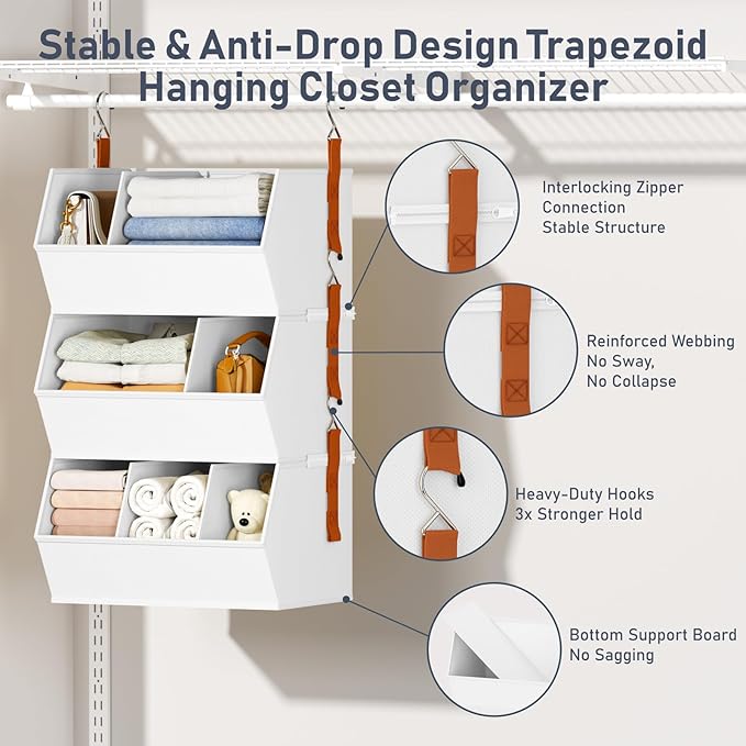 Hanging Closet Organizer Extra Large, Clothes Hanging Shelves for Closet with Divider, Collapsible Closet Storage System, Fabric Storage Bins for Home