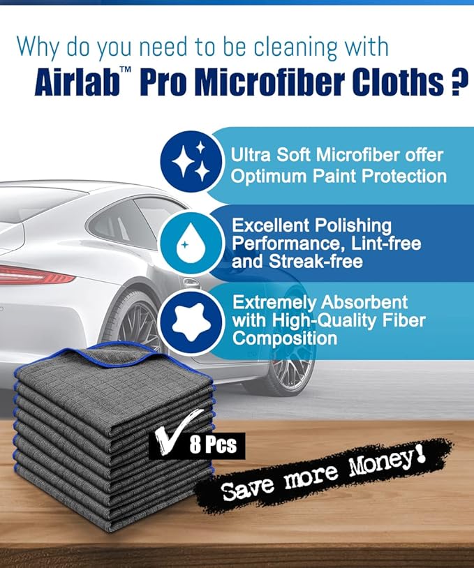 Airlab Microfiber Towels for Cars Wash Drying Auto Detailing, Highly Absorbent, Lint-Free, Streak-Free, All-Purpose Cleaning Cloths for Household
