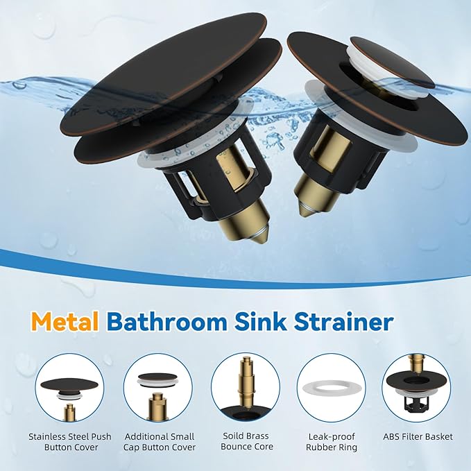 Universal Bathroom Sink Stopper, Metal Pop Up Sink Drain Strainer with Hair Catcher, Fit 1.1"-2.36" US Basin, Wash Basin Drain Plug