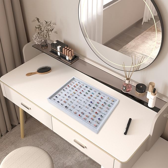 Wudygirl 100 Slots Ring Organizer Tray Velvet Ring Holder Jewelry Display Drawer Insert Jewelry Storage Tray (Gray)