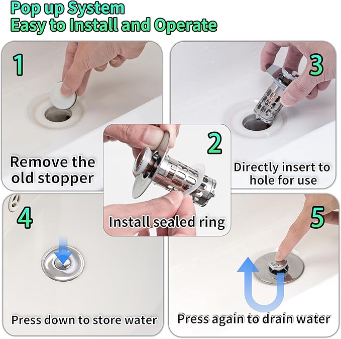 Bathroom Sink Stopper Drain Hair Catcher,3 in 1 Bathroom Sink Drain Strainer with Anti-Clogging Filter Basket