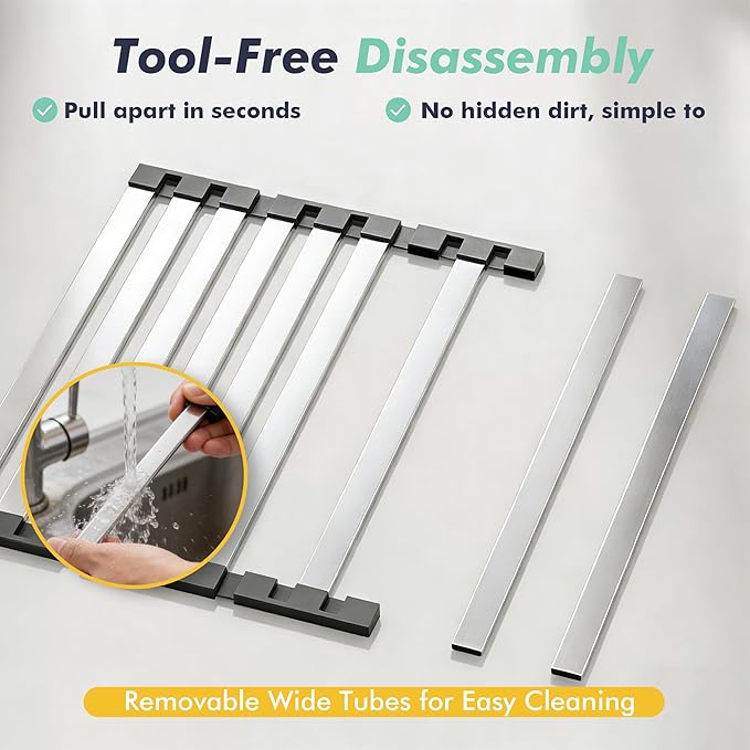 Roll Up Dish Drying Rack, 17.7" x 12.8" Over Sink Stainless Steel Rack, Foldable Heat-Resistant Dishes Drainer for Kitchen and RV Sink Counter (Black-17.7" x 12.8")