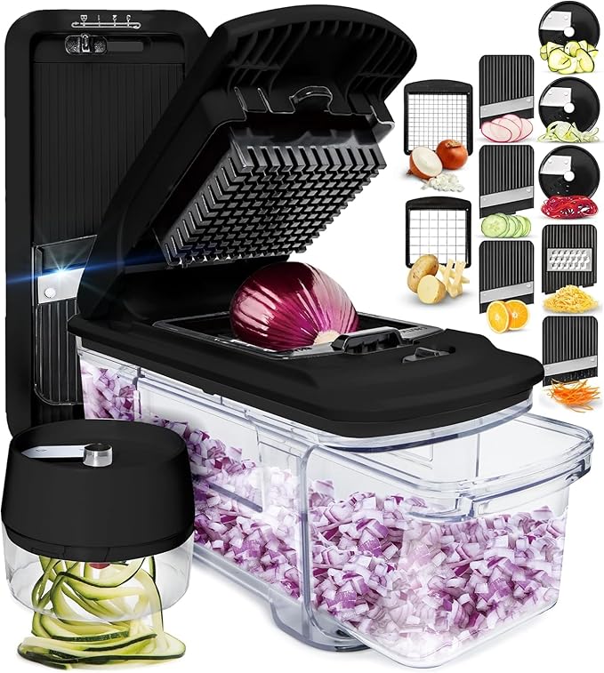 Fullstar Mandoline Slicer for Kitchen - Vegetable Chopper, Onion Potato Food Veggie Fruit Slicer and Cutter with Container, Kitchen Gadgets & Gifts, Home Essentials (6 in 1, Black)