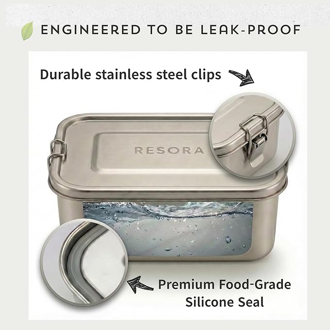 RESORA 40oz 18/8 Food-Grade Stainless Steel Bento Lunch Box for Adults, Leak-Proof, Reusable Stainless Steel Lunch Container with Secure Sealing Lid, 2 Removable Dividers, Work & Travel Meal Prep