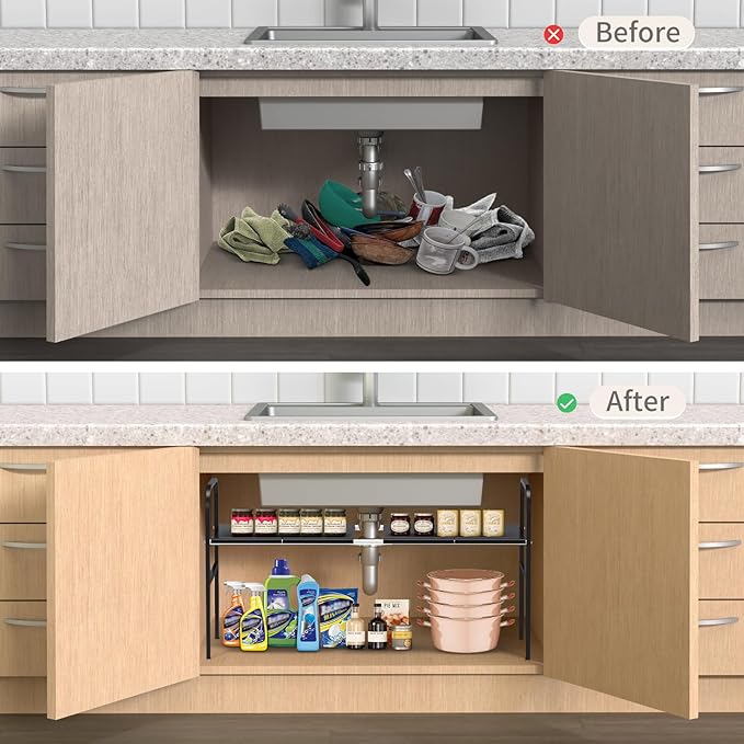 Expandable 2-Tier Under Sink Organizer, Black, 1-Tier 4 Boards