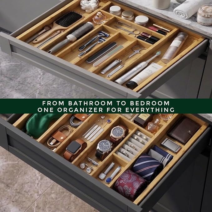 Bamboo Drawer Organizer, Expandable 8-Slot Silverware & Utensil Tray for Kitchen Drawers, Fits 13–19.5 Inch Drawers, Deep Compartments