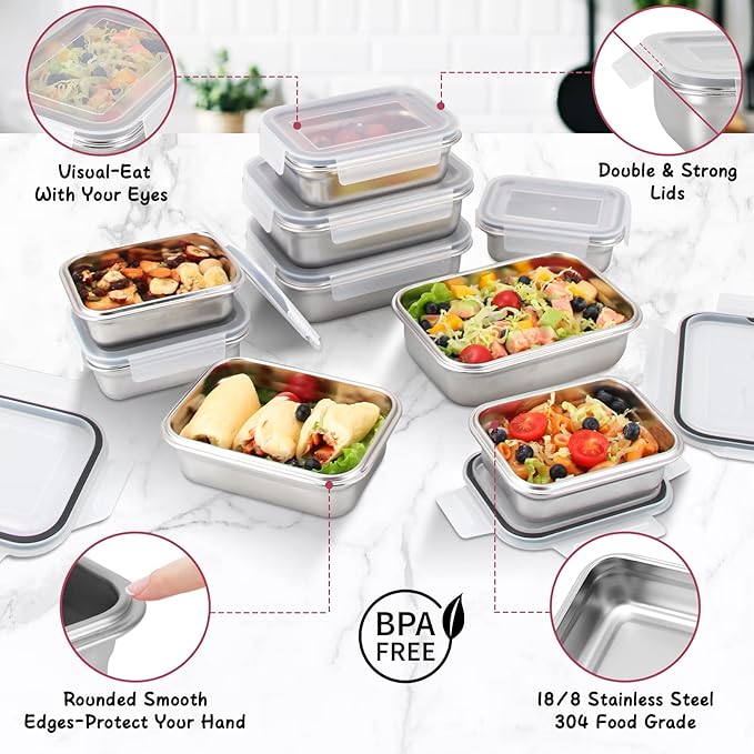 Cykorxicc 10 PC Square 304 Stainless Steel Food Containers with Lids, Airtight Bento Lunch Box, Metal Meal Prep Food Containers Reusable Stackable