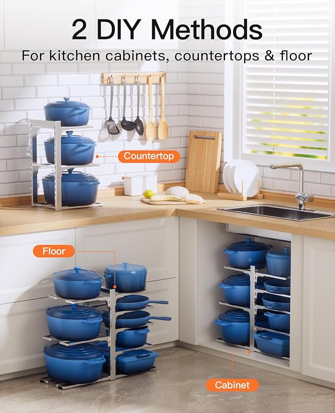 Pots and Pans Organizer Rack for Cabinet, Silver