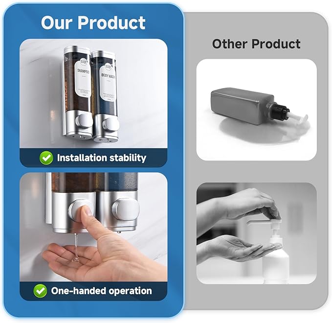 Shampoo and Conditioner Dispenser, Refillabe Shower Soap Dispensers 2 Chamber No Drill Shampoo Dispenser for Shower Wall Mounted 2 * 300ml Container for Bathroom Hotel (Sliver 2 Chamber)