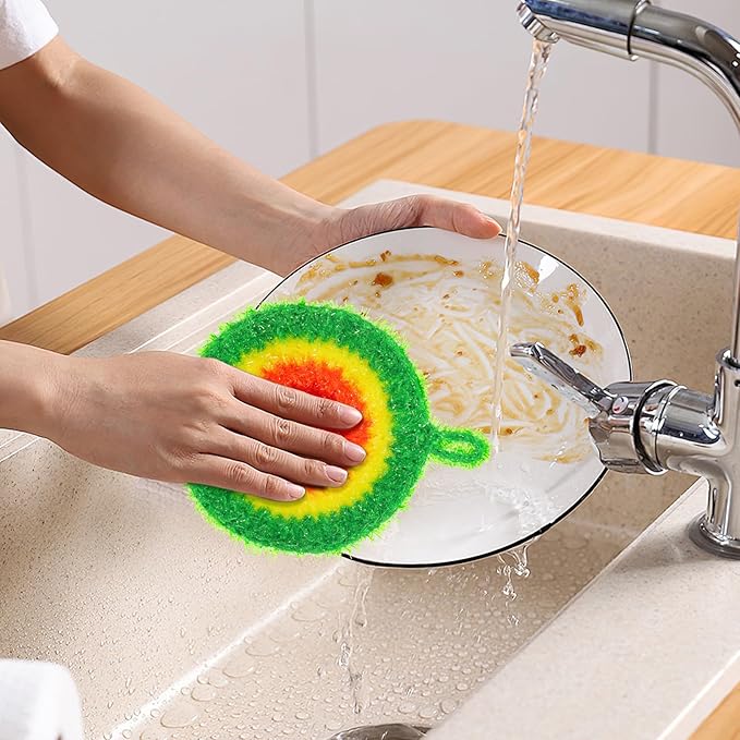 Toyvian Round Dish Cleaning Scrubber, 5Pcs Non-Scratch Polyester Dish Cloths for Washing Dishes Reusable Mesh Scrubbers with Hanging Loop Quick Drying Kitchen Scouring Pads for Pot Pan Sink