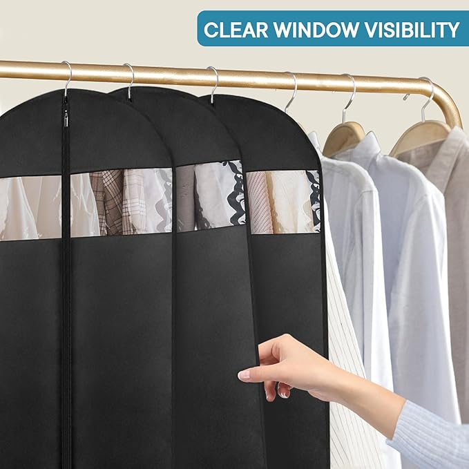 Garment Bags for Hanging Clothes, 43" Suit Bags for Closet Storage & Travel, 2-Pack Garment Covers with Clear Window, Foldable Clothing Bags for Suits, Jackets & Shirts (Black)