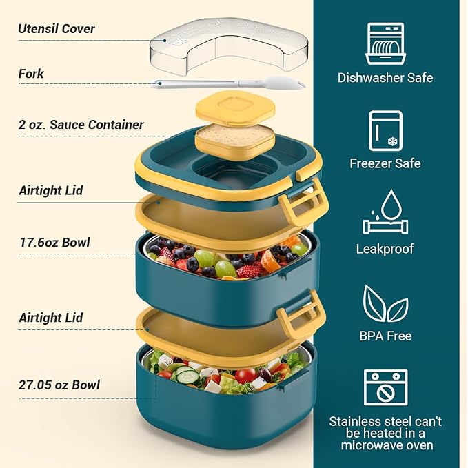PEDECO Double-Layer Bento Lunch Box for Kids & Adults with Removable Stainless Steel Dividers,Dressing Container,BPA-Free,Dishwasher Safe