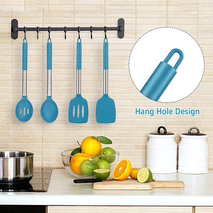 Pack of 4 Large Silicone Cooking Spatulas and Spoons, Slotted and Solid Stainless Steel Cooking Utensils Set, Non-stick Heat Resistant Kitchen for Baking, Fried, Stir-Fry, Mixing, Serving (Blue)