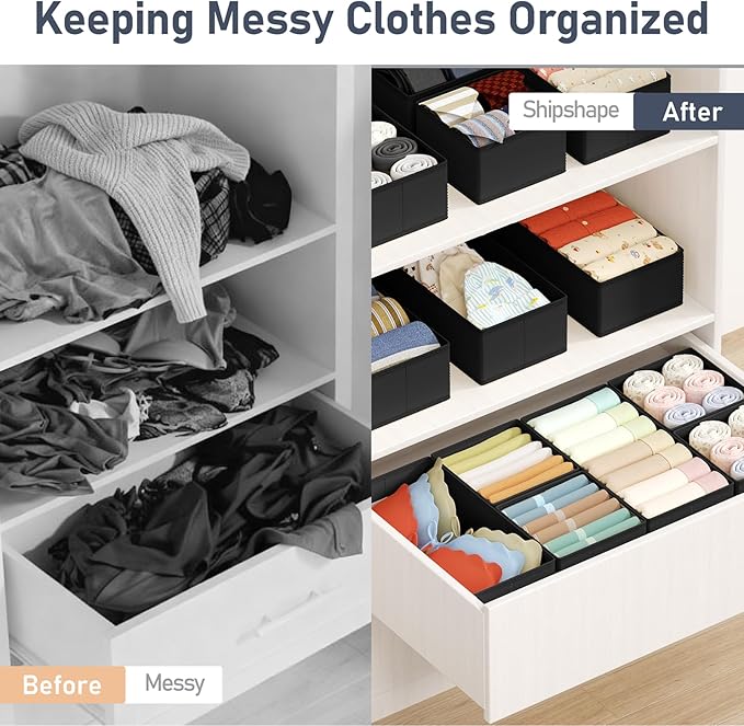 Drawer Organizers Clothes, Set of 16 Dresser Organizer Bins, Black