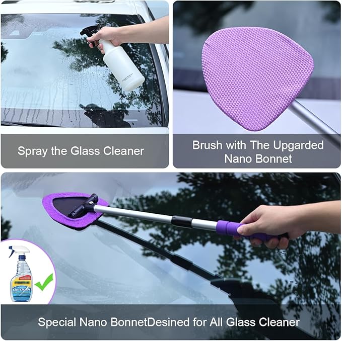 XINDELL Windshield Cleaner Tool – 24 inch Pink Car Interior&Exterior Window Cleaning Kit with Extendable Handle & 4 Microfiber Pads