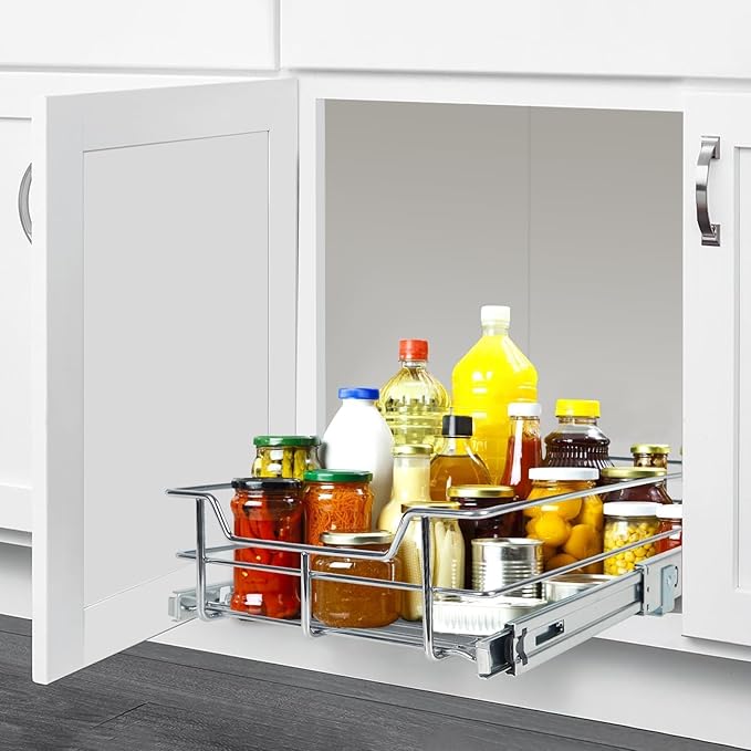 Pull Out Cabinet Organizer 11" W X 17" D, Slide Out Drawers For Kitchen Organizers and Storage, Pull Out Drawers For Cabinets Capacity Heavy Duty Caddy, Cabinet Shelves Chrome-Plated, Bathroom Pantry