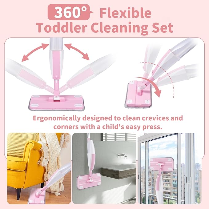 Kids Spray Mop,Toddler Mop Cleaning Set, Real Working Mini Mop & Kids Broom Dustpan Set, Housekeeping Pretend Play Toy, Montessori Kid Cleaning Toy Set Includes Organizer Clip -Pink