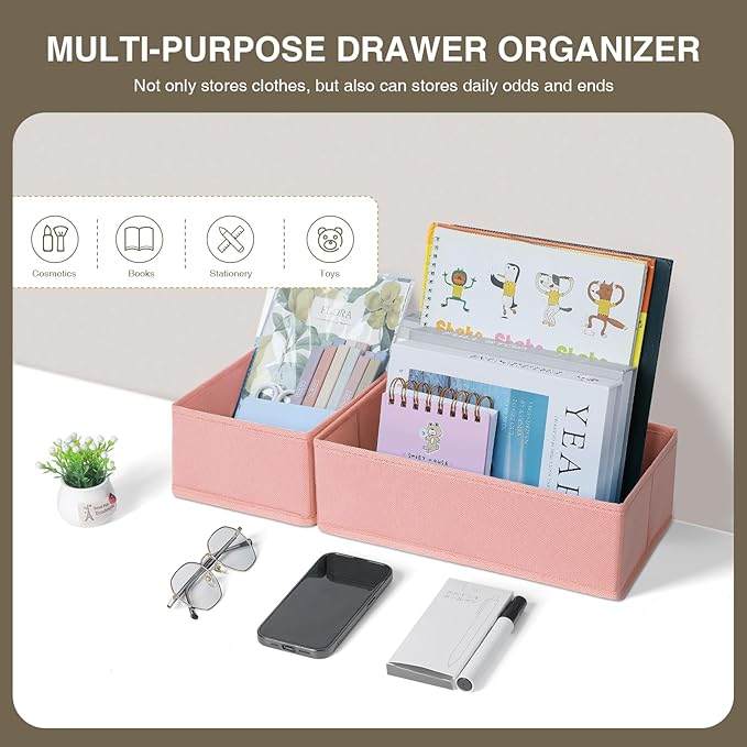 DIMJ Fabric Drawer Organizer Bins - 12 Pack Foldable Sock & Clothes Organizer - Pink