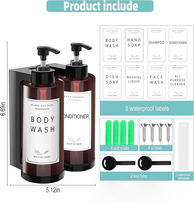 Plastic Soap Dispenser，Wall Mount Shower Pump，No-Drill Wall Mounted Shower Soap Dispenser，Shampoo and Conditioner Dispenser Modern Refillable Shampoo Pump Bottles for Shower Soap