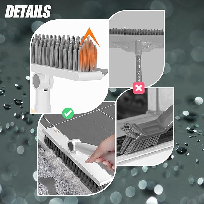 Floor Scrubbing Brush with 57" Adjustable Long Handle,3 in 1 Living Grout Brush with Squeegee,V-Shape Stiff Brush Bristle,Heavy Duty Bathroom Cleaning Brush for Tile,Deck,Patio,Wall,Garage,Kitchen
