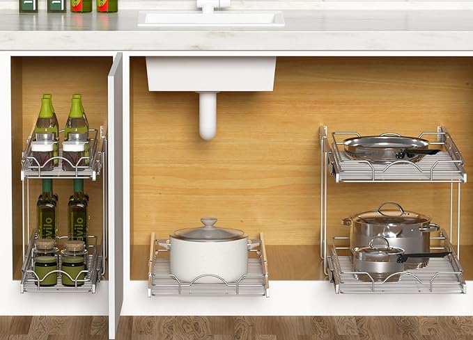 OCG Pull Out Cabinet Organizer (18" W x 21" D), Pull out Drawers, Cabinet Pull Out Shelves for Base Cabinet Organization in Kitchen Bathroom Pantry, Bottom Mount, Chrome Finish