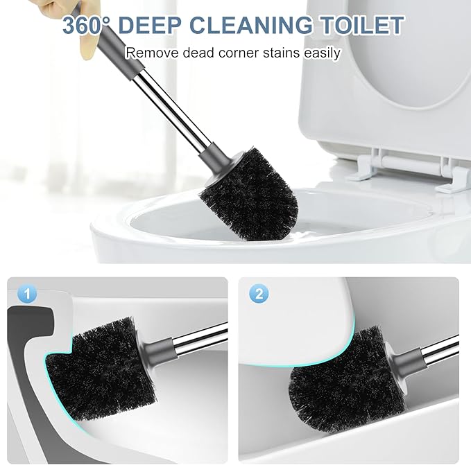 SetSail Toilet Brush and Holder, Self Closing Lid Toilet Bowl Brushes Holder and Extra Long Handle Ventilated Toilet Brush Set for Bathroom Cleaning, Nylon Bristles, Grey