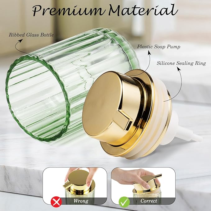 Amolliar Foaming Soap Dispenser, 8OZ Green Glass Soap Dispenser with Plastic Pump, Refillable Hand Soap Dispenser for Bathroom, Kitchen, Shower, Lotion, Dish Soap Dispenser, Home Decor, Gold 2 Pack