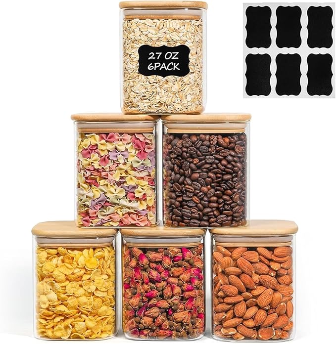 ComSaf 0.8 Qt Glass Food Storage Jars Set of 6, Clear Storage Containers with Airtight Lids, Pantry Organization Jar, Spice Jar, Blooming Tea, Oat